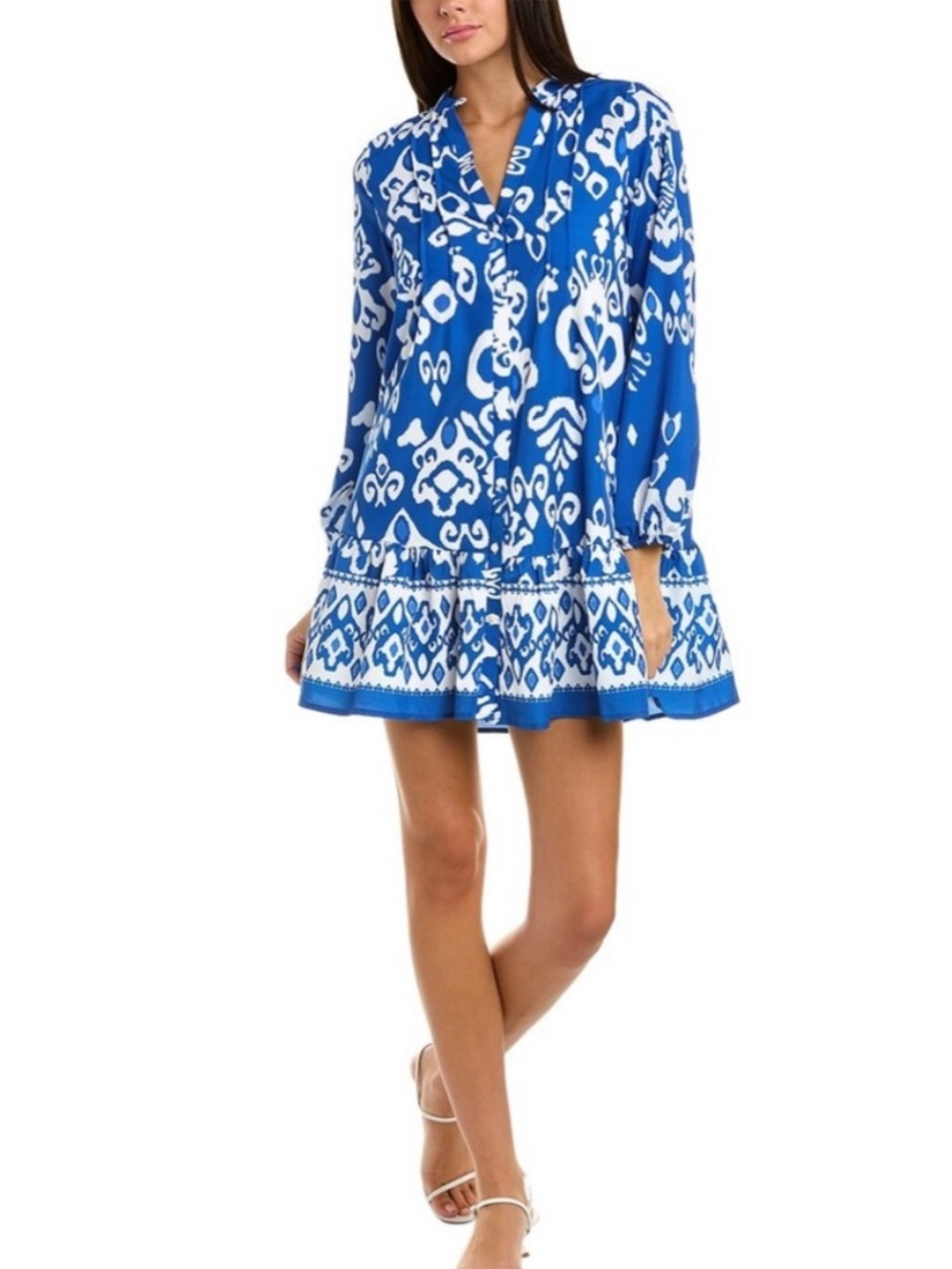 Zara Blue and White Printed Long-Sleeve Mini Dress
